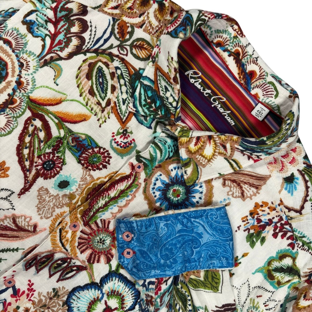 Robert Graham Palawan Shirt Mens 4XL Multicolor Floral Embroidered Linen Viscose